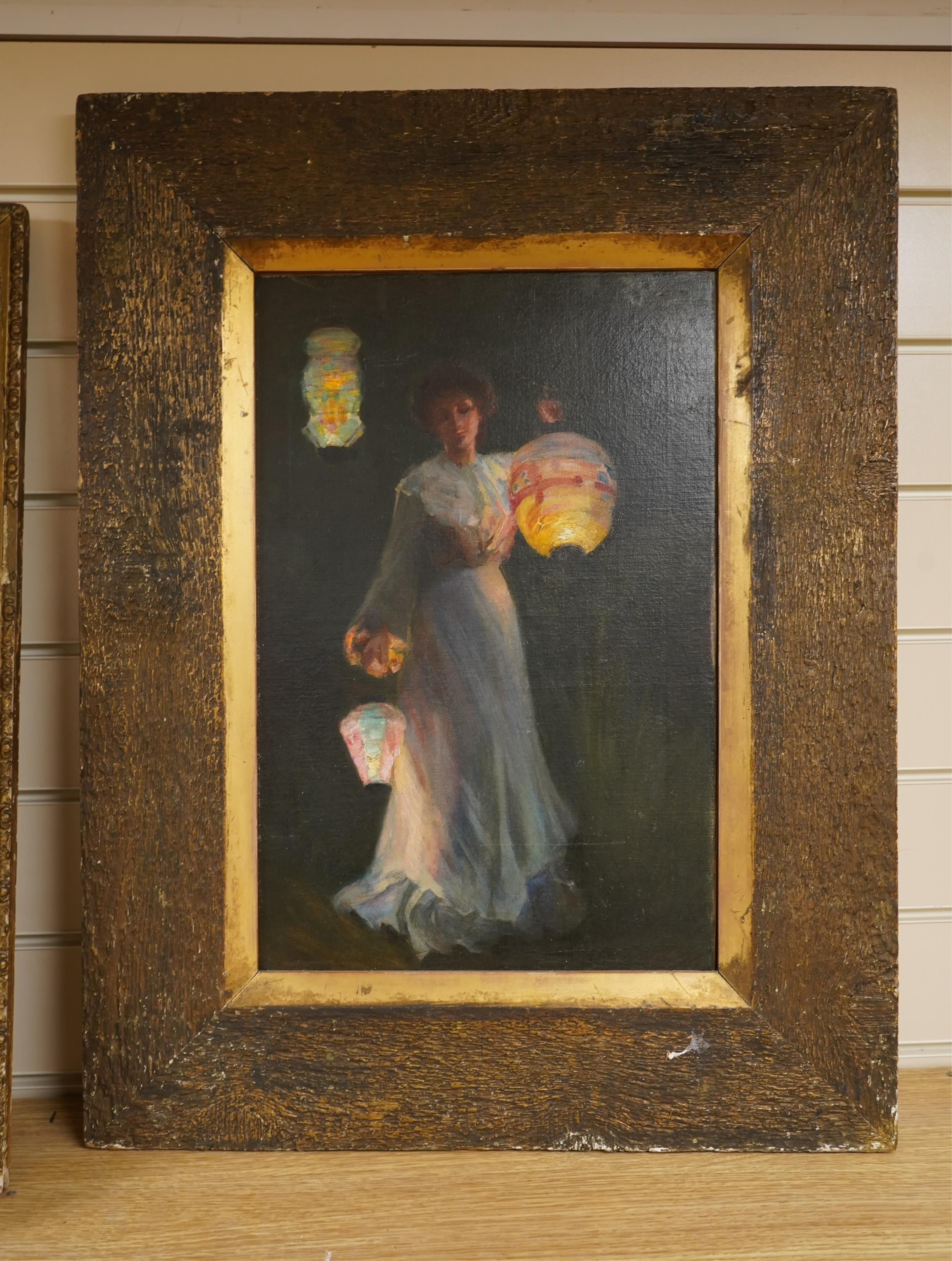 Manner of Thomas Cooper Gotch (1854-1931), Woman holding lanterns, oil on canvas, 44cm x 29cm